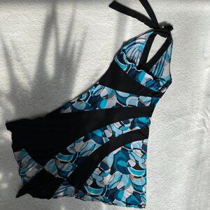 Women's Colorblock Geometric Turquoise, Black, and Tan Halter Top Dress M